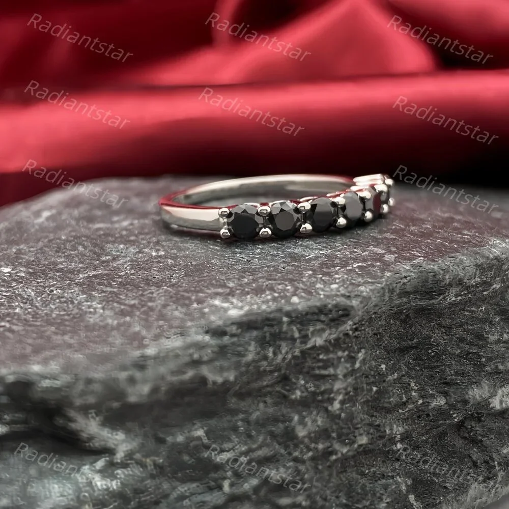 NEW Certified 3mm Black Moissanite 7 Stone Half Eternity Band Ring